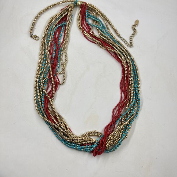 Chico’s Multi Strand Seed Bead Necklace Turquoise Gold Red Beads Long Statement - Picture 5 of 5
